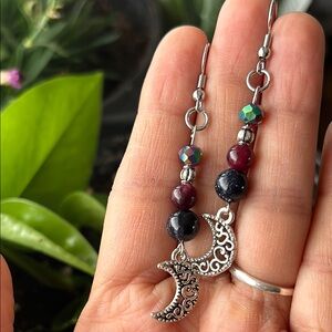✨ Handmade Garnet + Blue Goldstone + Crystal Moon Dangle Earrings 🌙
